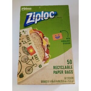 Ziploc 50 Count Recyclable Brown Sandwich Bags w/ Stickers Food Safe Paper Bags